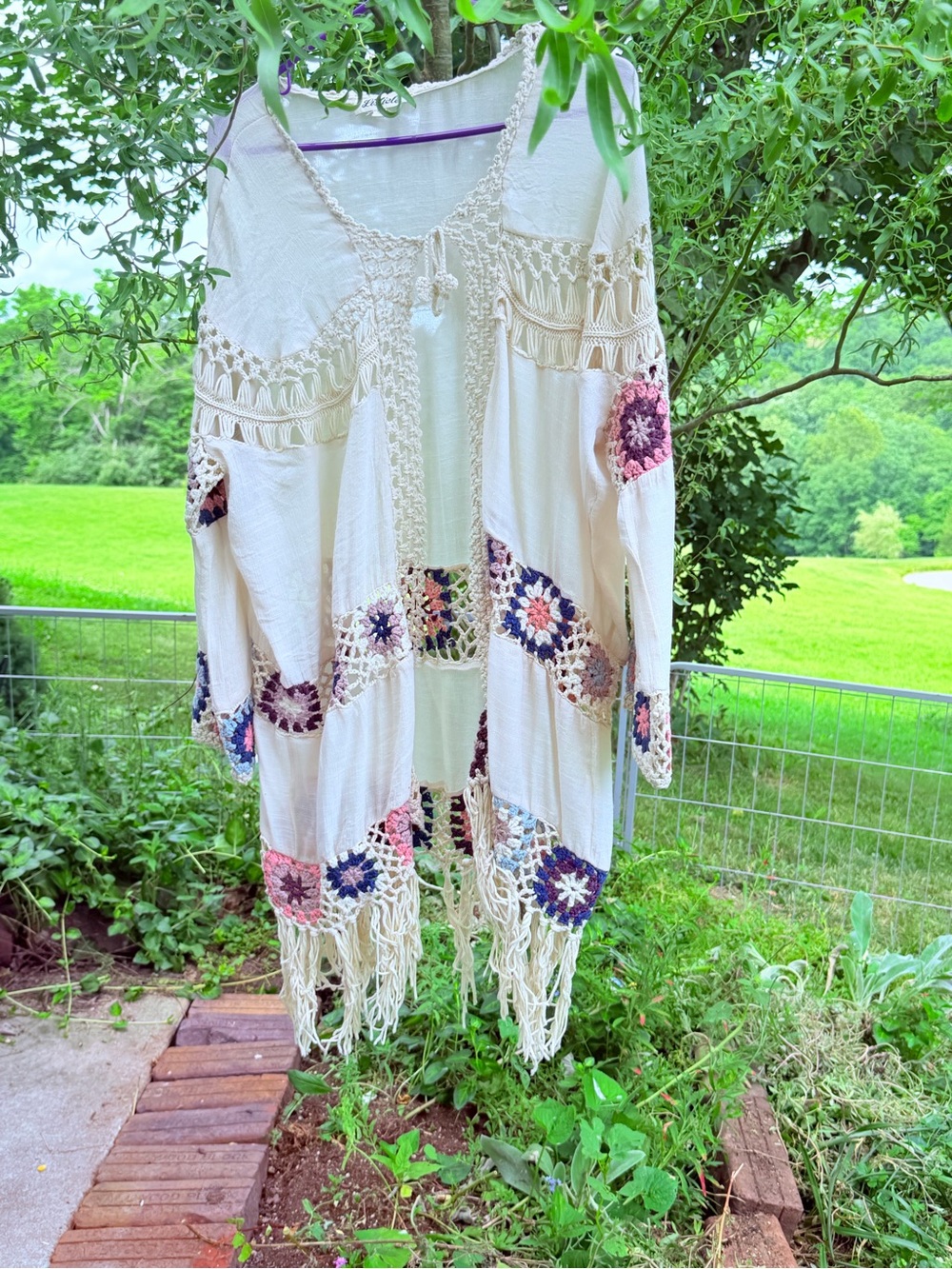 Listicle Boho Crochet Trim Fringe Kimono Cardigan Large Cream Festival Duster - Picture 10 of 10